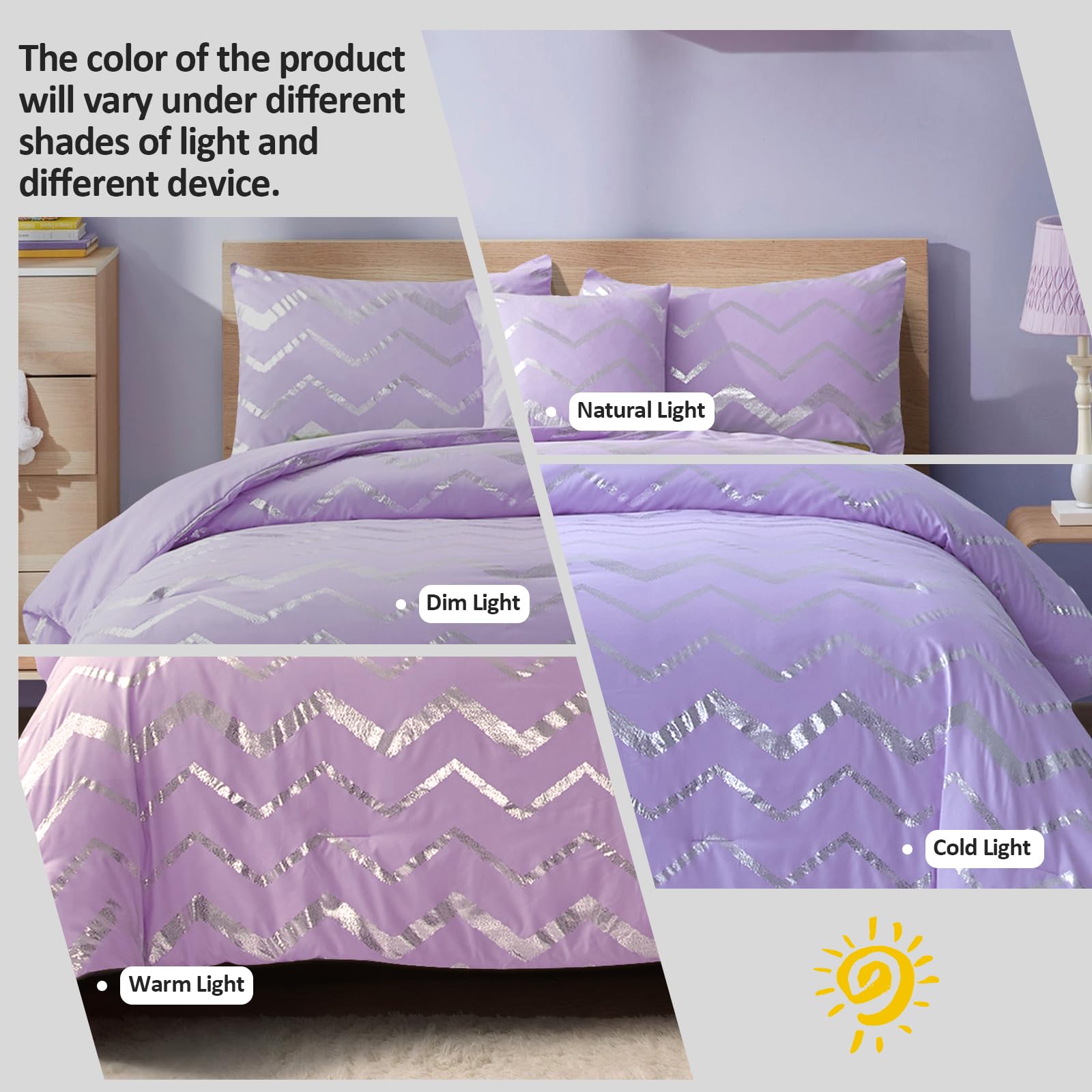 Menghomeus Purple/Silver Comforter Set Twin Lavender Metallic Print Glitter Bedding Set Cute Shinny Lilac Bed Sets For Teen Girl