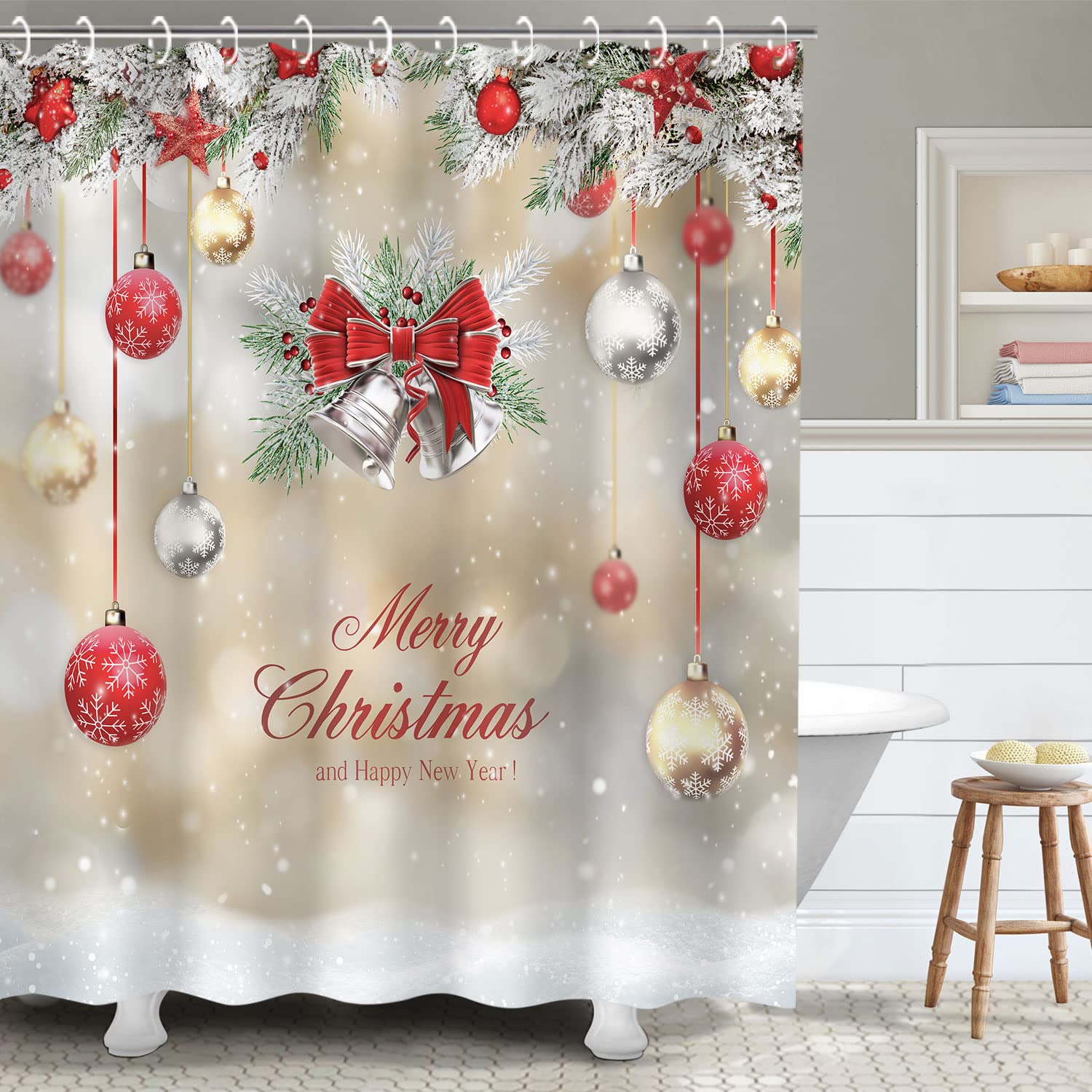 RosieLily Christmas Shower Curtains for Bathroom Xmas Shower Curtains Red Christmas Fabric Xmas Bathroom Set with Hooks Red Silv