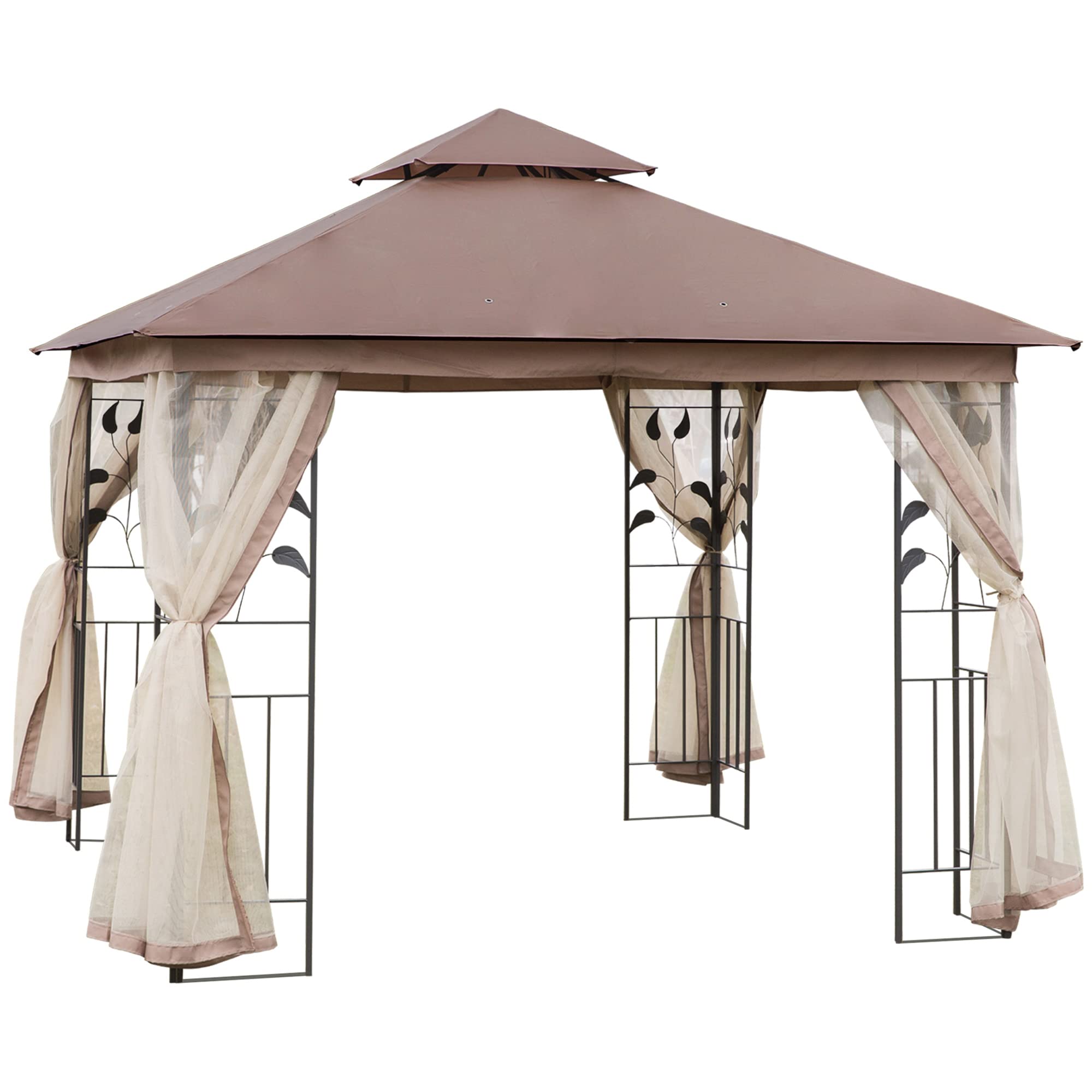 Outsunny 10' X 10' Metal Patio Gazebo, Double Roof Outdoor Gazebo Canopy Shelter With Tree Motifs Corner Frame And Netting, For