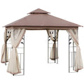 Outsunny 10' X 10' Metal Patio Gazebo, Double Roof Outdoor Gazebo Canopy Shelter With Tree Motifs Corner Frame And Netting, For