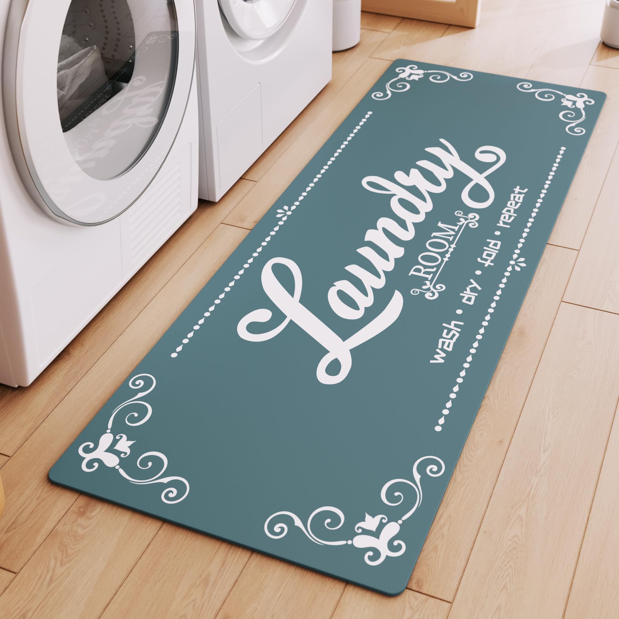 Laundry Room Rug Runner, 17.7x45 Non Slip Teal Laundry Rugs, Farmhouse Washable Floor Laundry Mats for Laundry Room, Mudroom, Ki