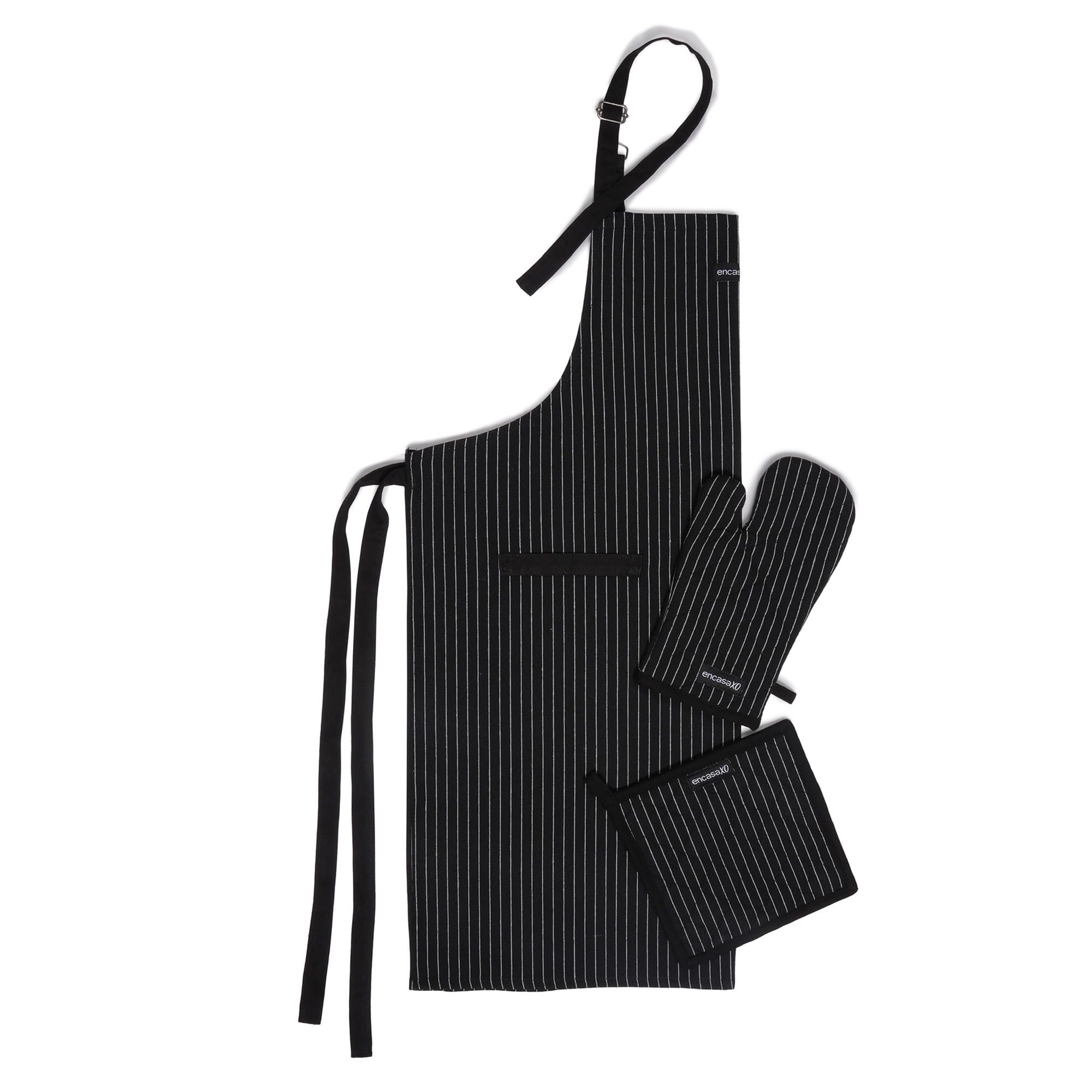 Encasa Xo Kitchen Apron With Oven Gloves & Potholder  Combo Set 100% Cotton  Heat Resistant | Butcher Stripes Black (3 Pcs Se