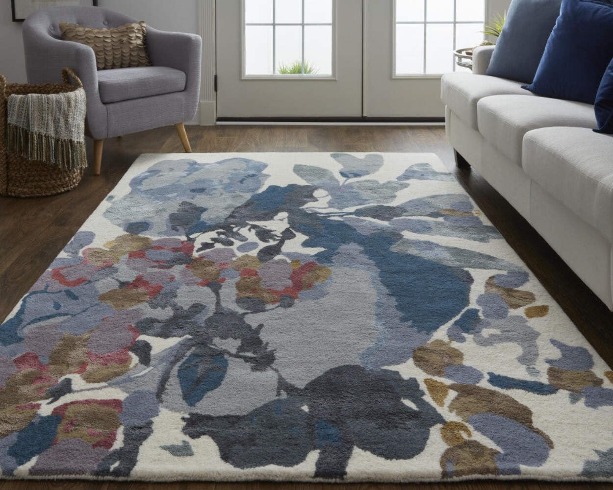 HomeRoots 513403 8 x 10 ft. Blue Gray & Pink Wool Floral Hand Tufted Handmade Rectangle Area Rug