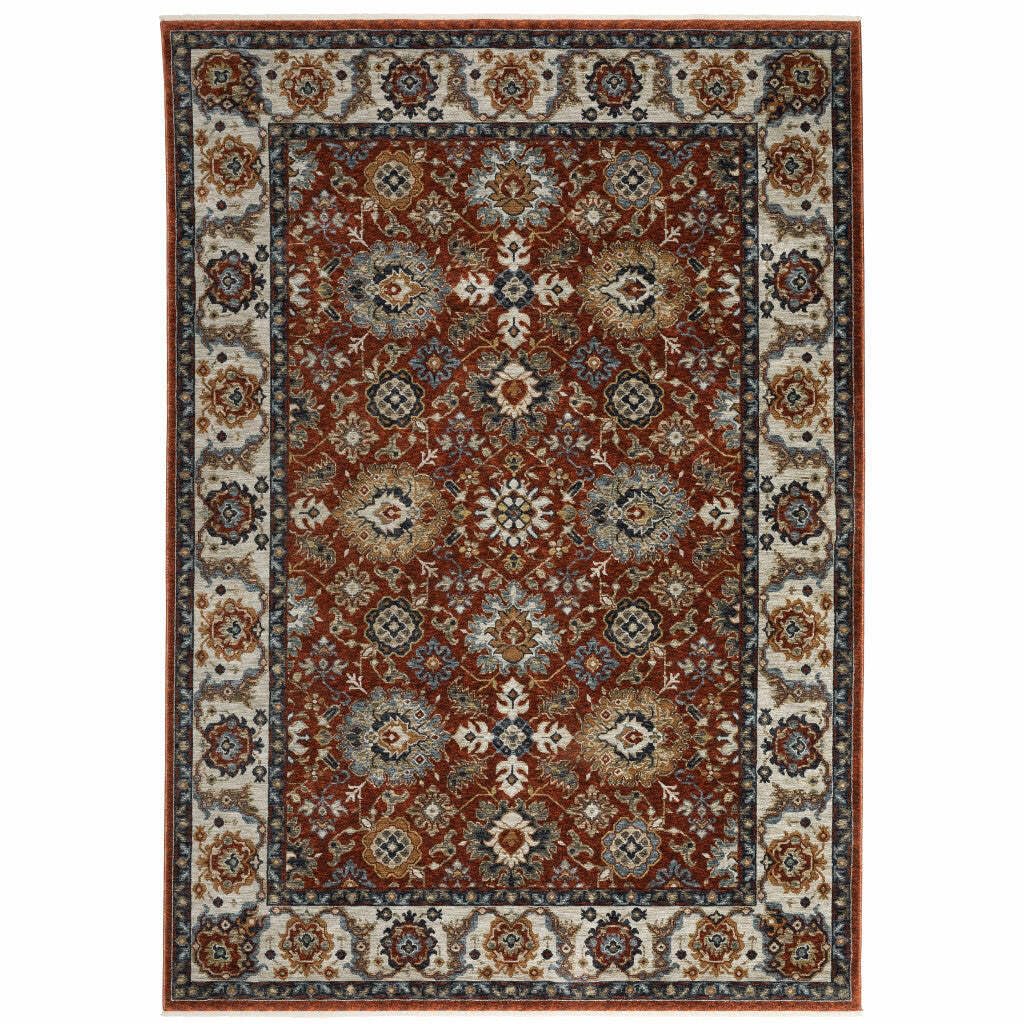 HomeRoots 508021 6 x 9 ft. Red Blue Ivory Gold & Navy Oriental Power Loom Stain Resistant Rectangle Area Rug with Fringe