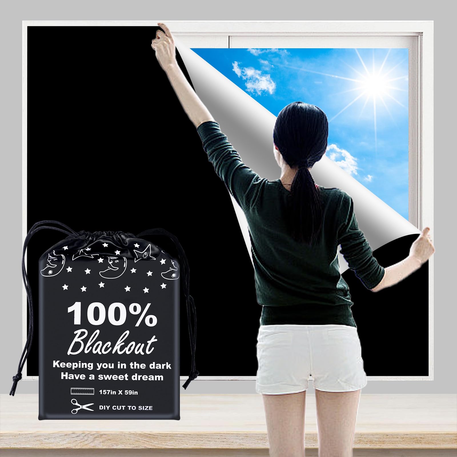 BoxElfos 100% Blackout Blind Curtains Window Cover [157'' x 59'' XXL] [DIY Cut to Any Size or Shape] [Hook & Loop Tabs][ Portabl