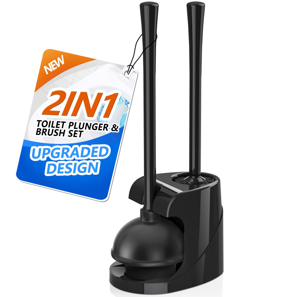 Toilet Plunger and Brush, Bowl Brush and Heavy Duty Toilet Plunger Set with Ventilated Holder, 2-in-1 Bathroom Cleaning Combo wi