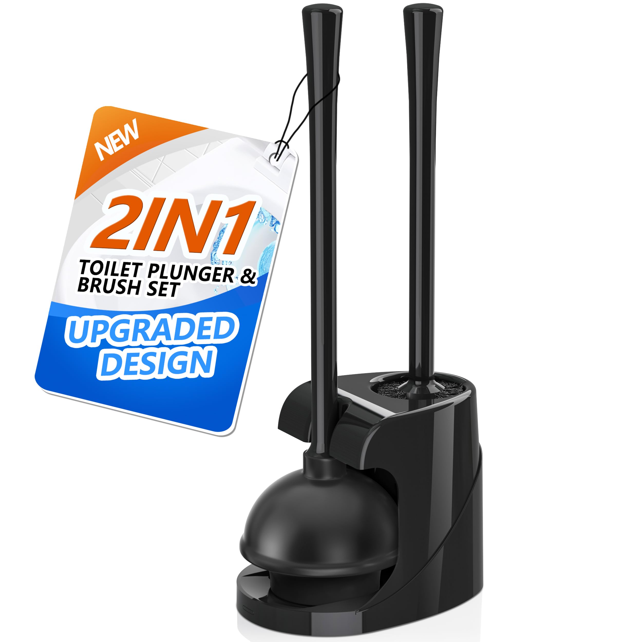 Toilet Plunger and Brush, Bowl Brush and Heavy Duty Toilet Plunger Set with Ventilated Holder, 2-in-1 Bathroom Cleaning Combo wi