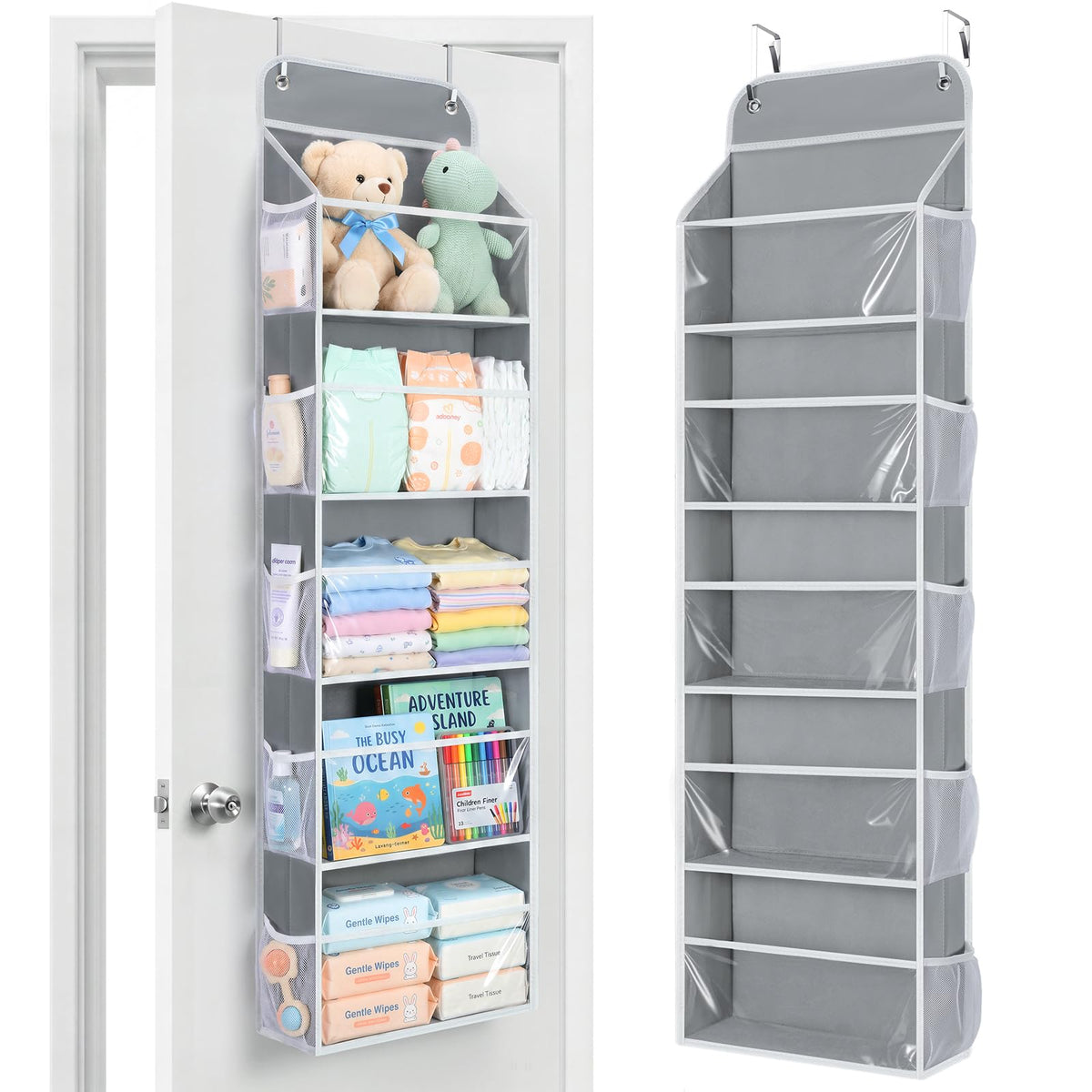Yecaye 5Tier Over the Door Organizer Hanging, 10 Side Pockets, Grey