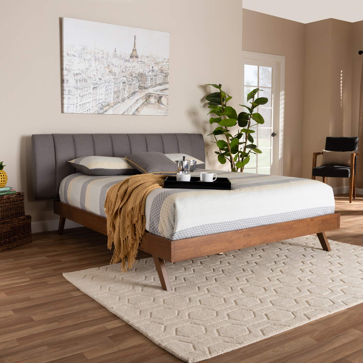 Baxton Studio Brita Mid-Century Modern Grey Fabric Upholstered Walnut Finished Wood King Size Bed