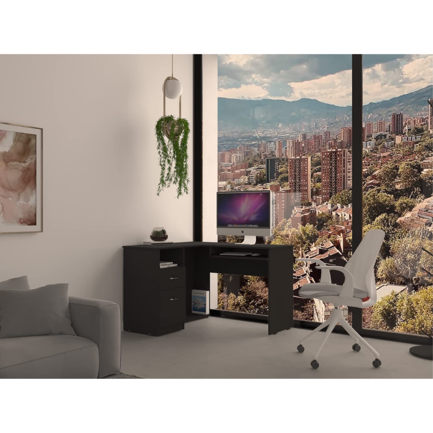 Idra L-Shaped Desk with Keyboard Tray, 2 Drawers, and Open Shelf, Black Wenge