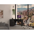 Idra L-Shaped Desk with Keyboard Tray, 2 Drawers, and Open Shelf, Black Wenge