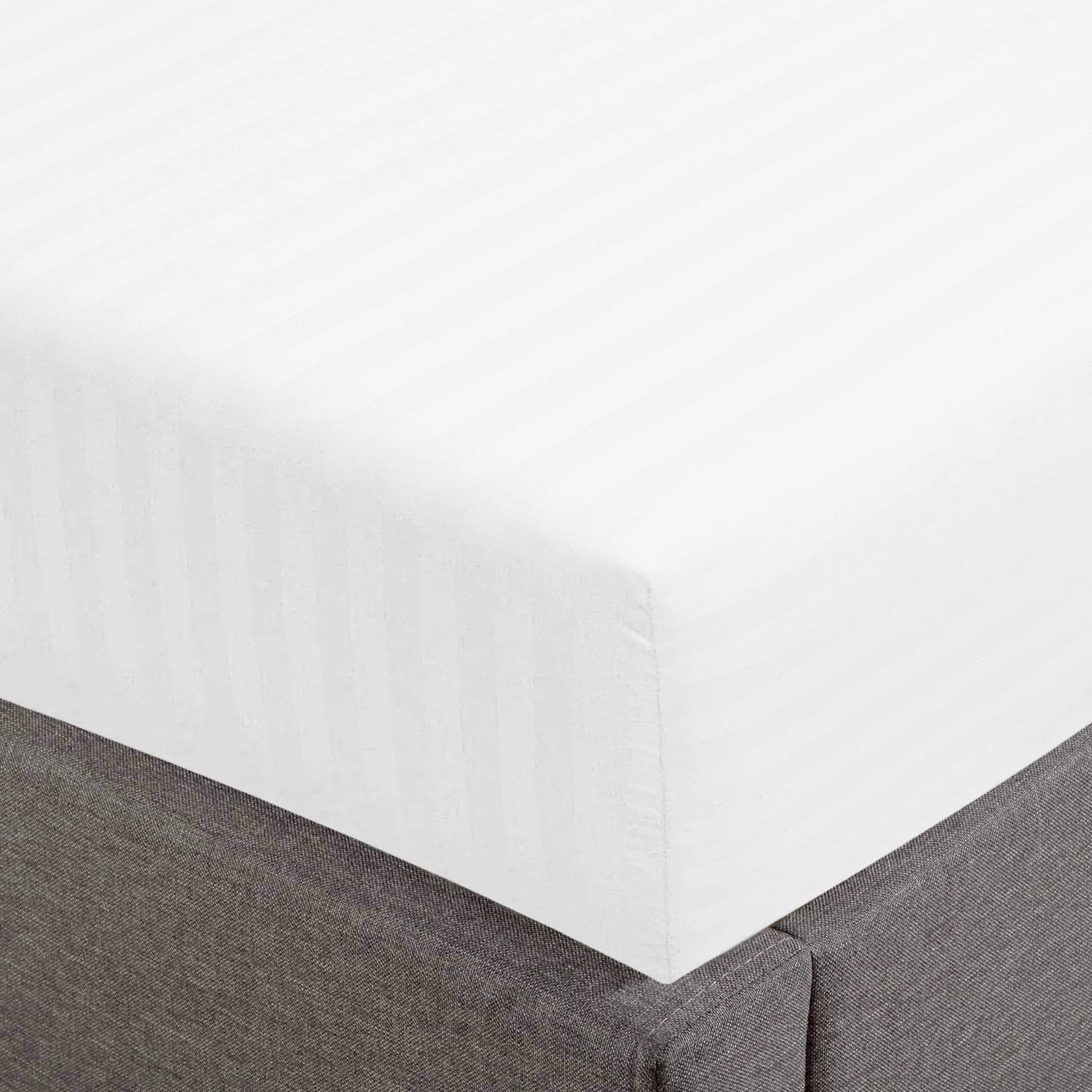 Feather & Stitch 100% Cotton 1 Piece Damask Stripe Twin Fitted Sheet 500 Thread Count White 18 Inch Extra Deep Pocket Luxury Sateen Weave Stretchable Boxer Elastic Fits Mattress Perfectly