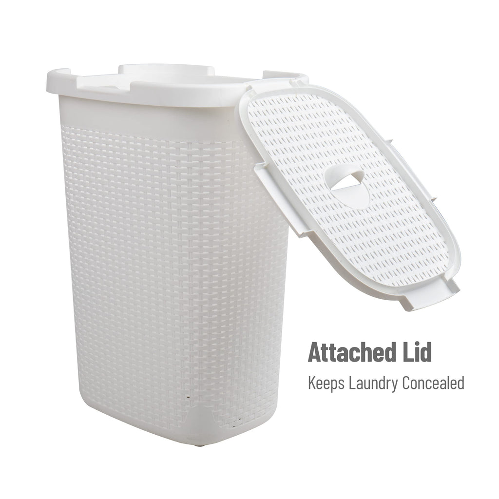 Mind Reader 60L Slim Laundry Hamper, Clothes Basket, Lid, Wicker Style, Plastic, 17.65''L X 13.75''W X 24.15''H, Set Of 2, White
