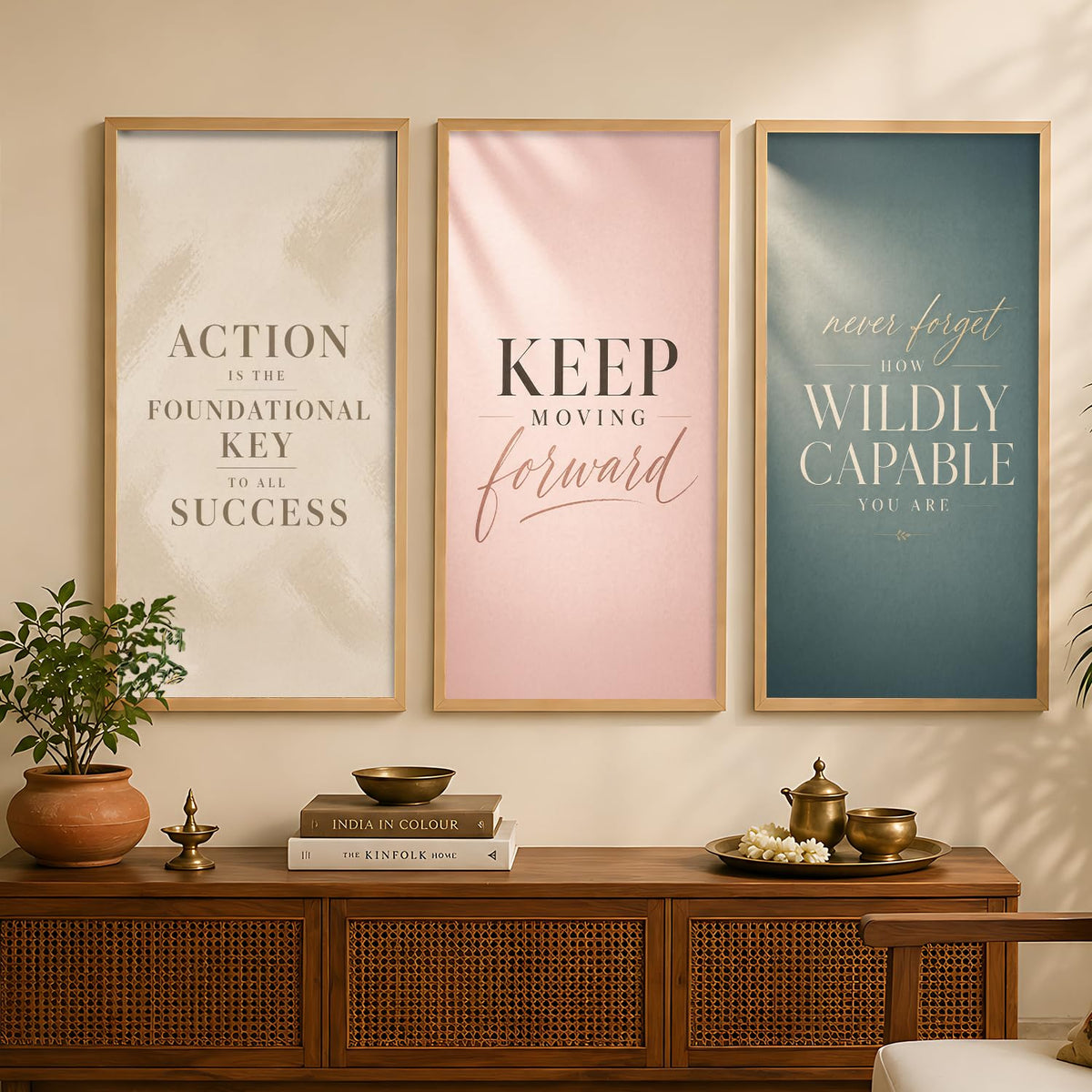 Wallgasm Inspirational Quotes Wall Art Set of 3 with Frames | Action is the Foundational Key to Success, Keep Moving Forward & N