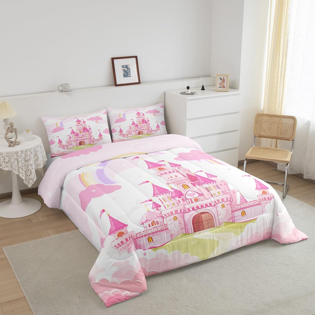 Feelyou Kids Queen Pink Castle Comforter Set Boys Girls Rainbow Castle Bedding Set Girls Princess Comforter Fairy Tales Duvet Se