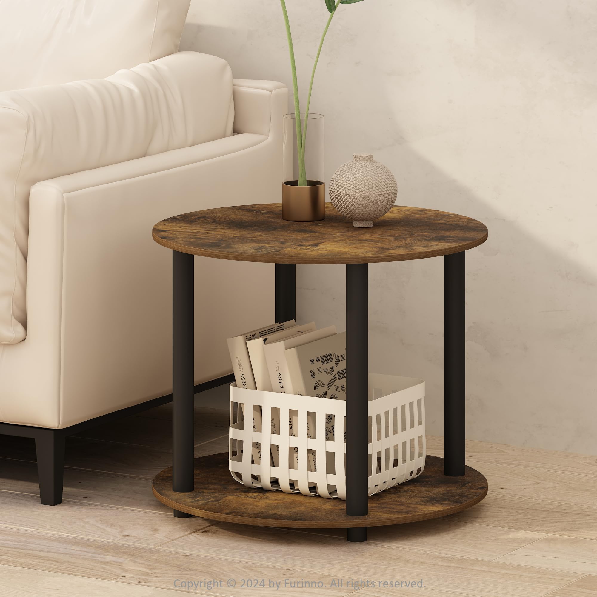 Furinno Turn-N-Tube Simple Design 2-Tier Round Wooden Side End Table, Amber Pine