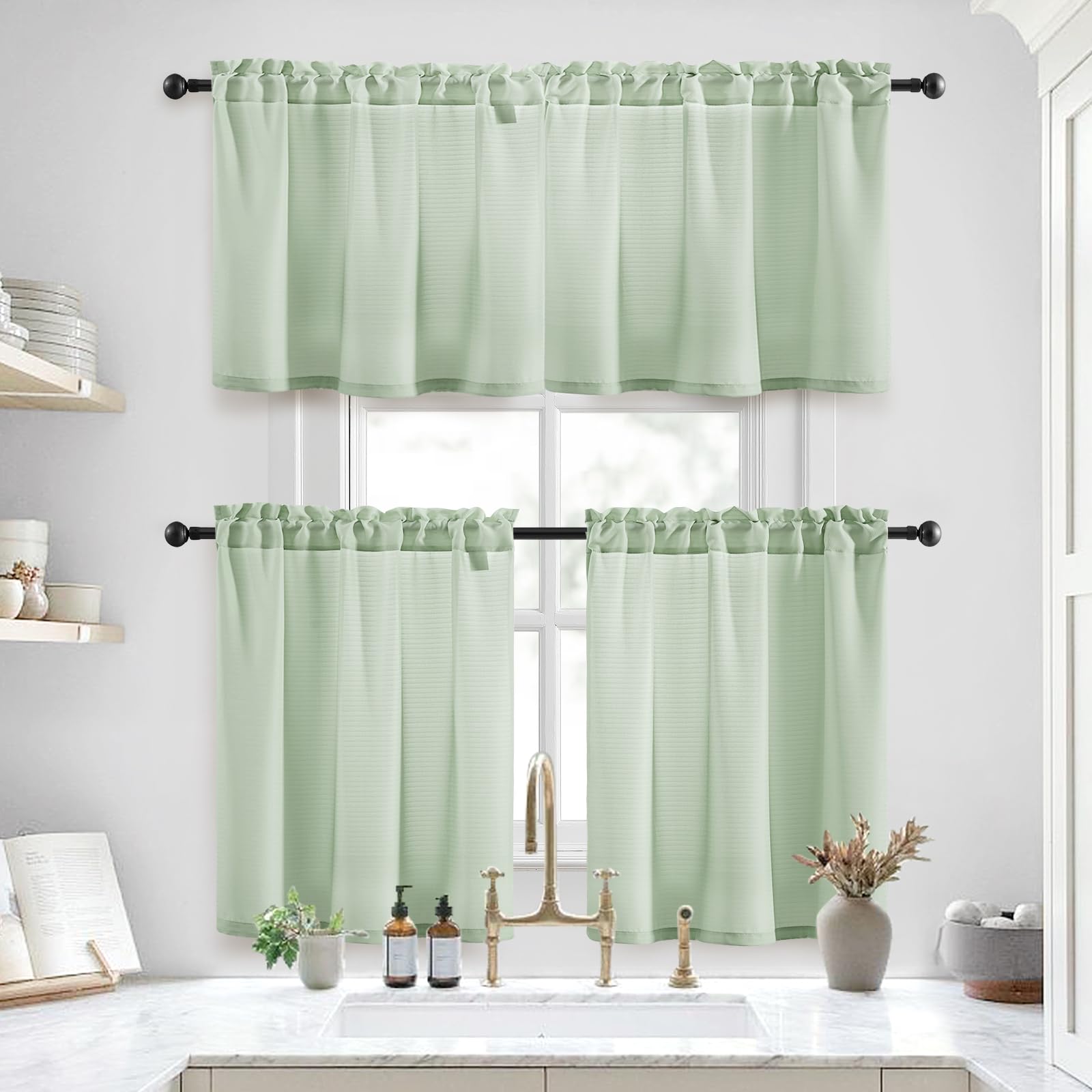 Homeideas Sage Green Kitchen Curtains 30 X 24 Inches 2 Panels Set Non-See-Through Privacy Semi Sheer Short Window Curtains Fish