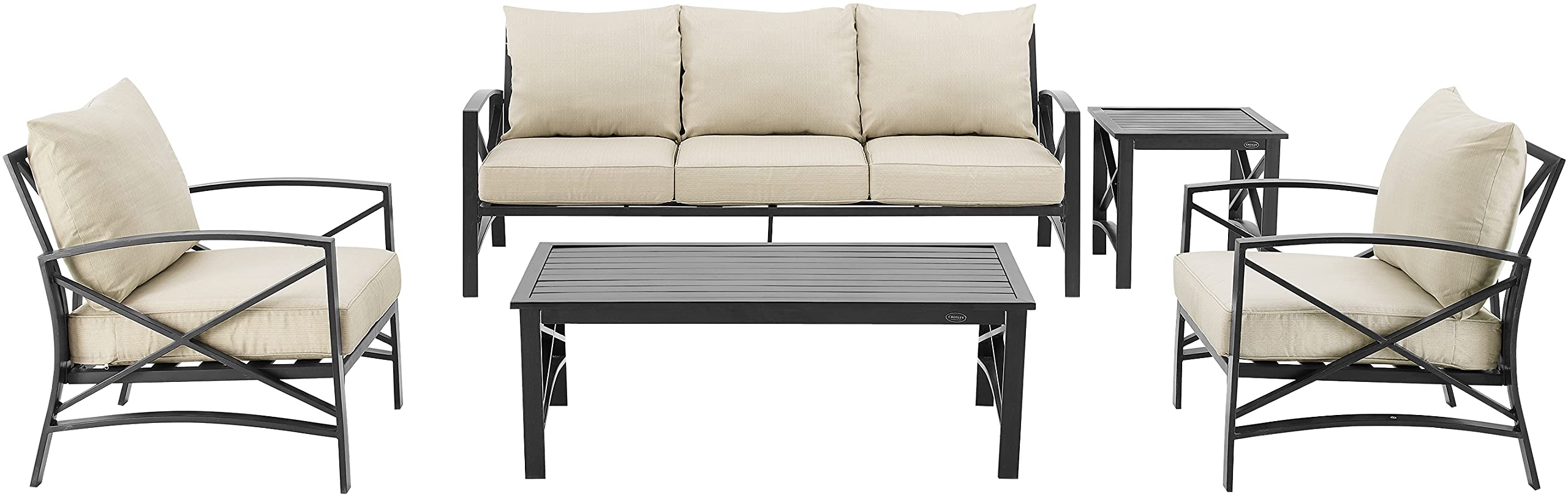 Crosley Furniture Kaplan 5-Piece Outdoor Sofa Patio Furniture Set, Conversation Sets For Porch, Deck, Oiled Bronze With Oatmeal Cushions