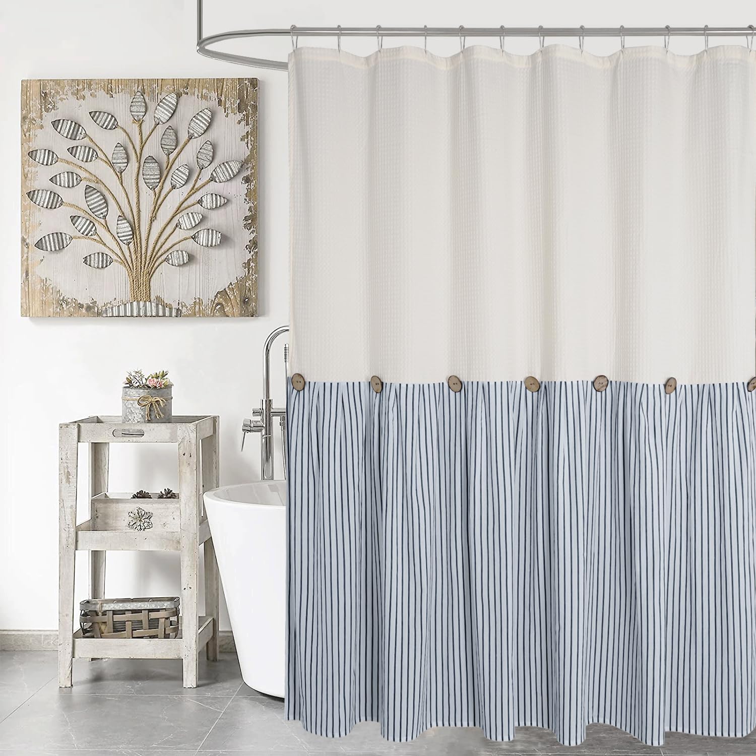 Dosly Id  Es Farmhouse Shower Curtain,Beige And Blue Striped,Button Curtain,Spa Waffle And Cotton Woven Fabric,Rustic Charm Coun