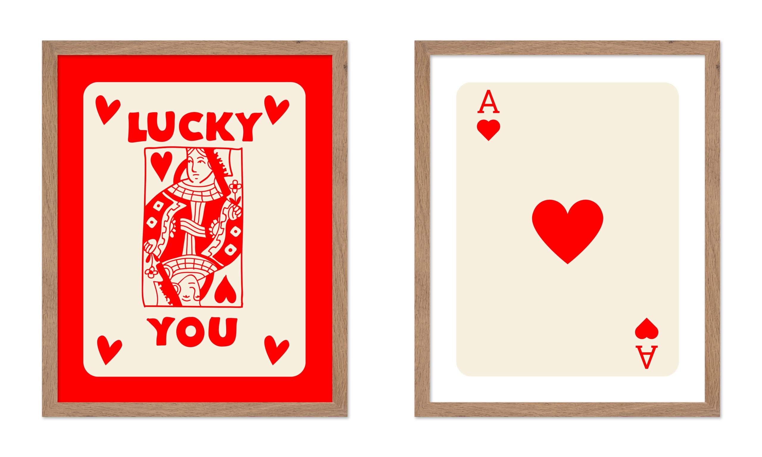 Poster Master 2-Piece Vintage Minimalist Poster - Retro Trendy Print - Queen of Hearts, Ace, Lucky You, Cards, Red - Gift for Ar