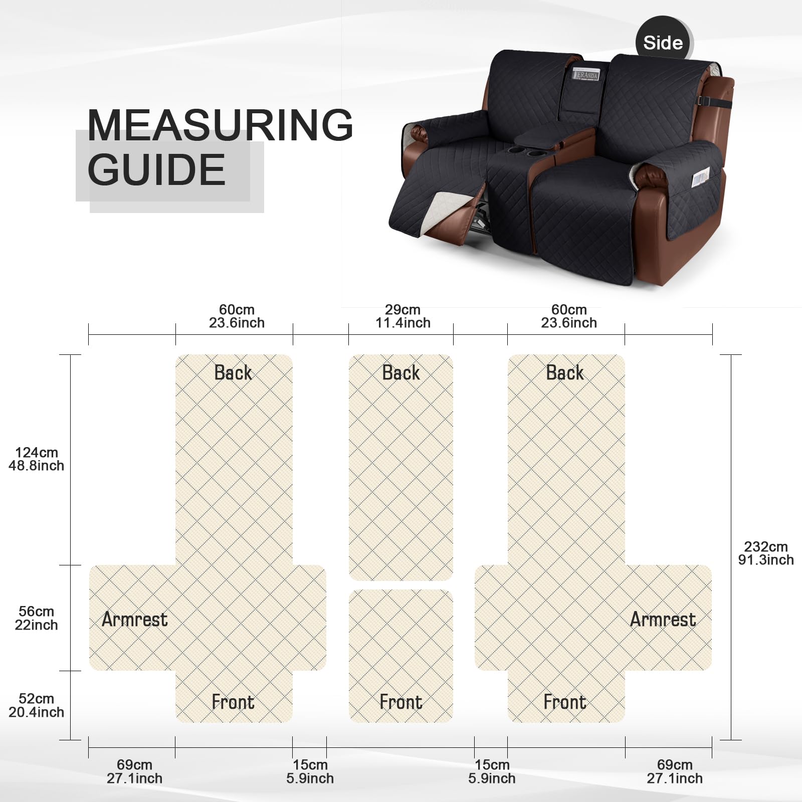Kincam 100% Waterproof Recliner Sofa Cover With Console, Non-Slip Reclining Couch Covers For 3 Seat, Recliner Couch Cover Furnit