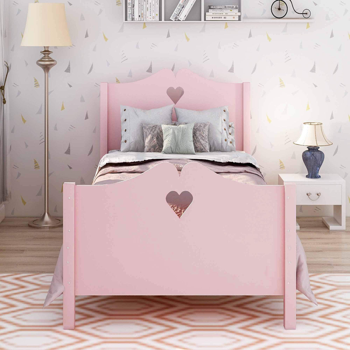 Harper & Bright Designs Solid Wood Twin Bed Frame for Girls,Pink Twin Princess Platform Bed Frame,with Headboard/Footboard/Wood 