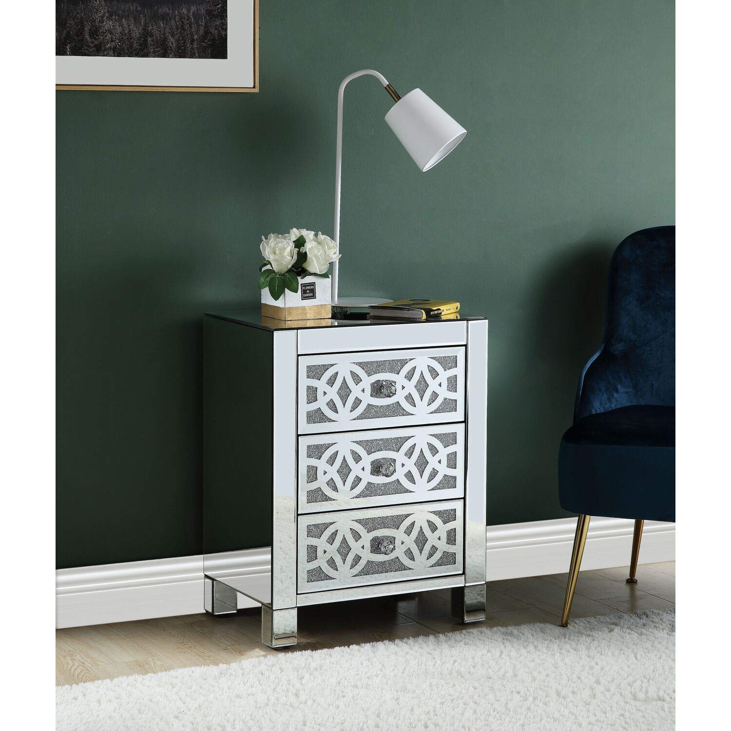 Acme Noralie Glass Accent Table with 3Drawer in Mirrored and Faux Diamonds