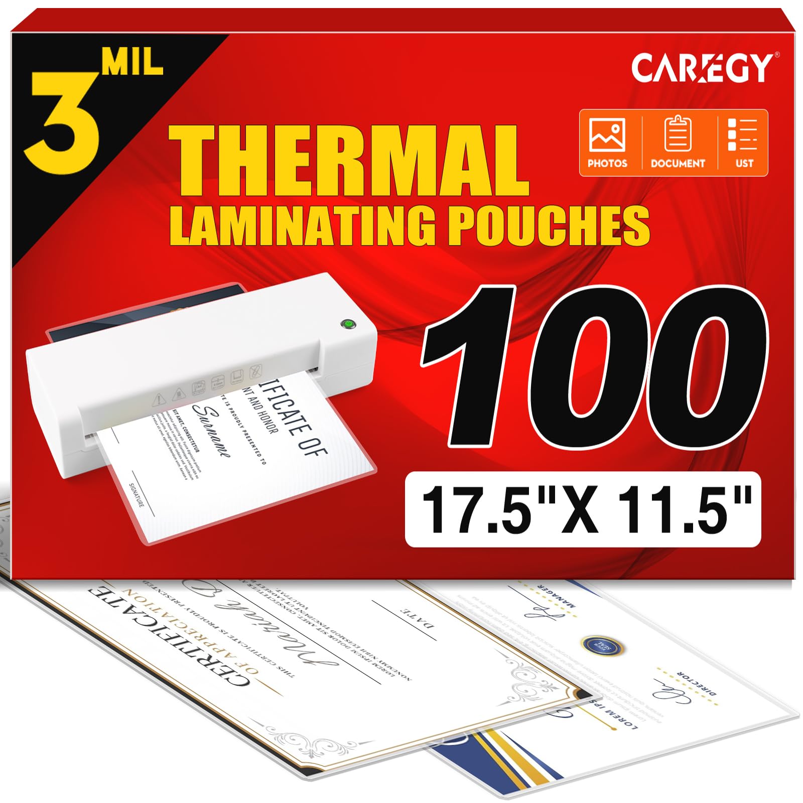 Caregy 100 Pack Laminating Sheets, Hold 11 X 17 Inch Sheet, 3 Mil Clear Thermal Laminating Pouches 11.5 X 17.5 Inch Lamination S