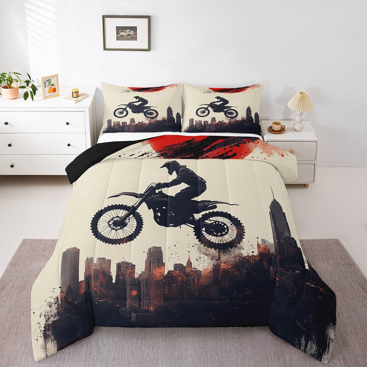 Feelyou Kids Dirt Bike Bedding Set Twin Size, Racing Motocross Comforter Motorcycle Comforter Set Boys Girls Motorbike Teens Duv
