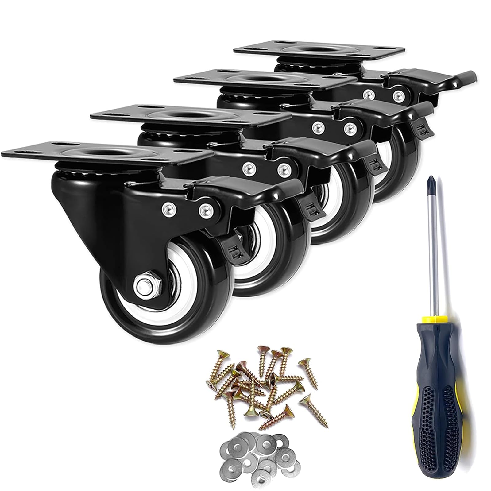 2' Caster Wheels Set Of 4,2 Inch Heavy Duty Casters With Brake,360 Degree No Noise Polyurethane Wheels For Cart, Furniture, Wor