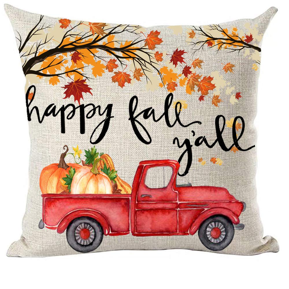 Ramirar Happy Fall Y'All Autumn Brown Orange Maple Leaves Pumpkins Red Pickup Truck Decorative Throw Pillow Cover Case Home Livi