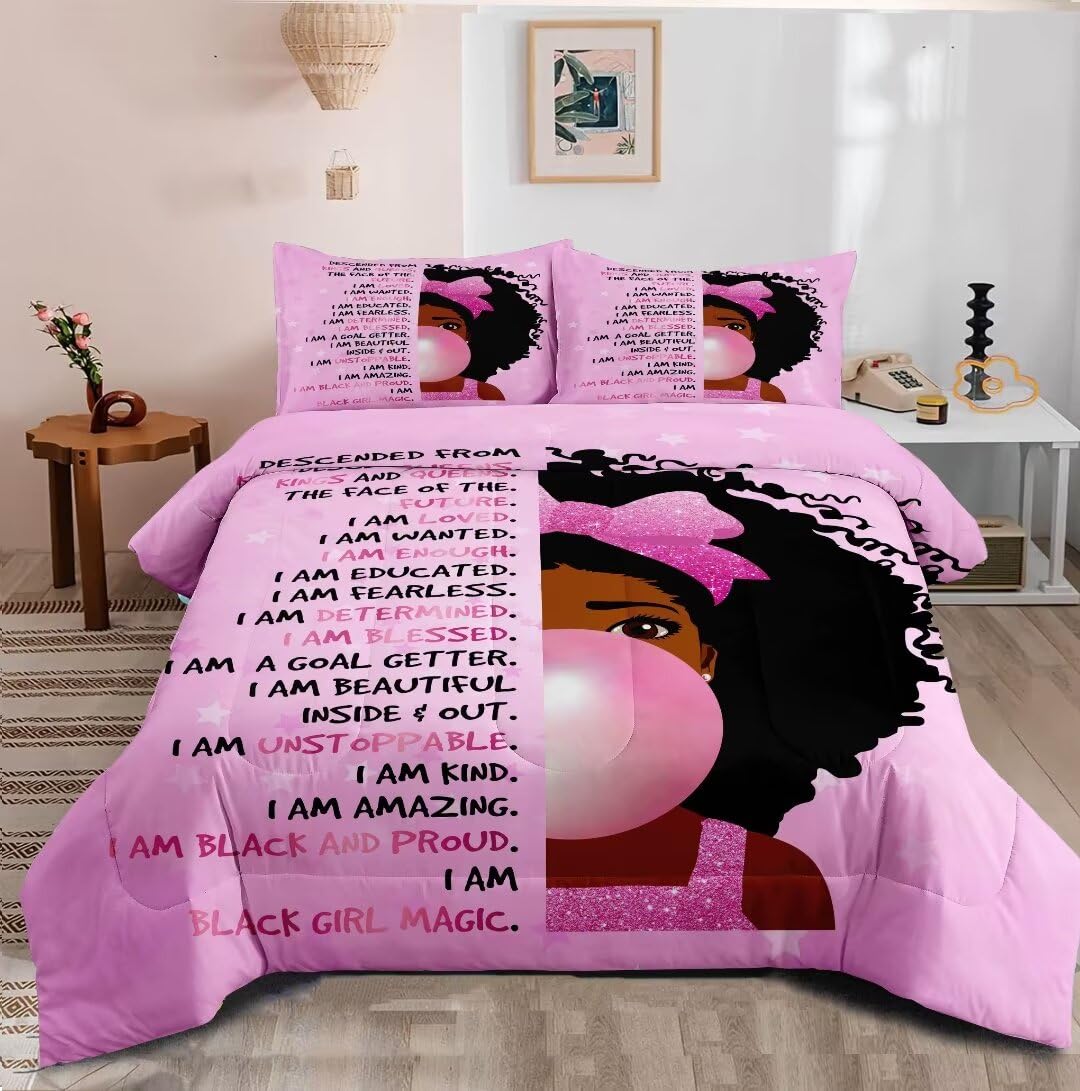 Grat Tioc Black Girl Bubble Gum Comforter Twin For Kids Teens,Black Girl Magic Bedding Set,African American Girl Inspirational Q