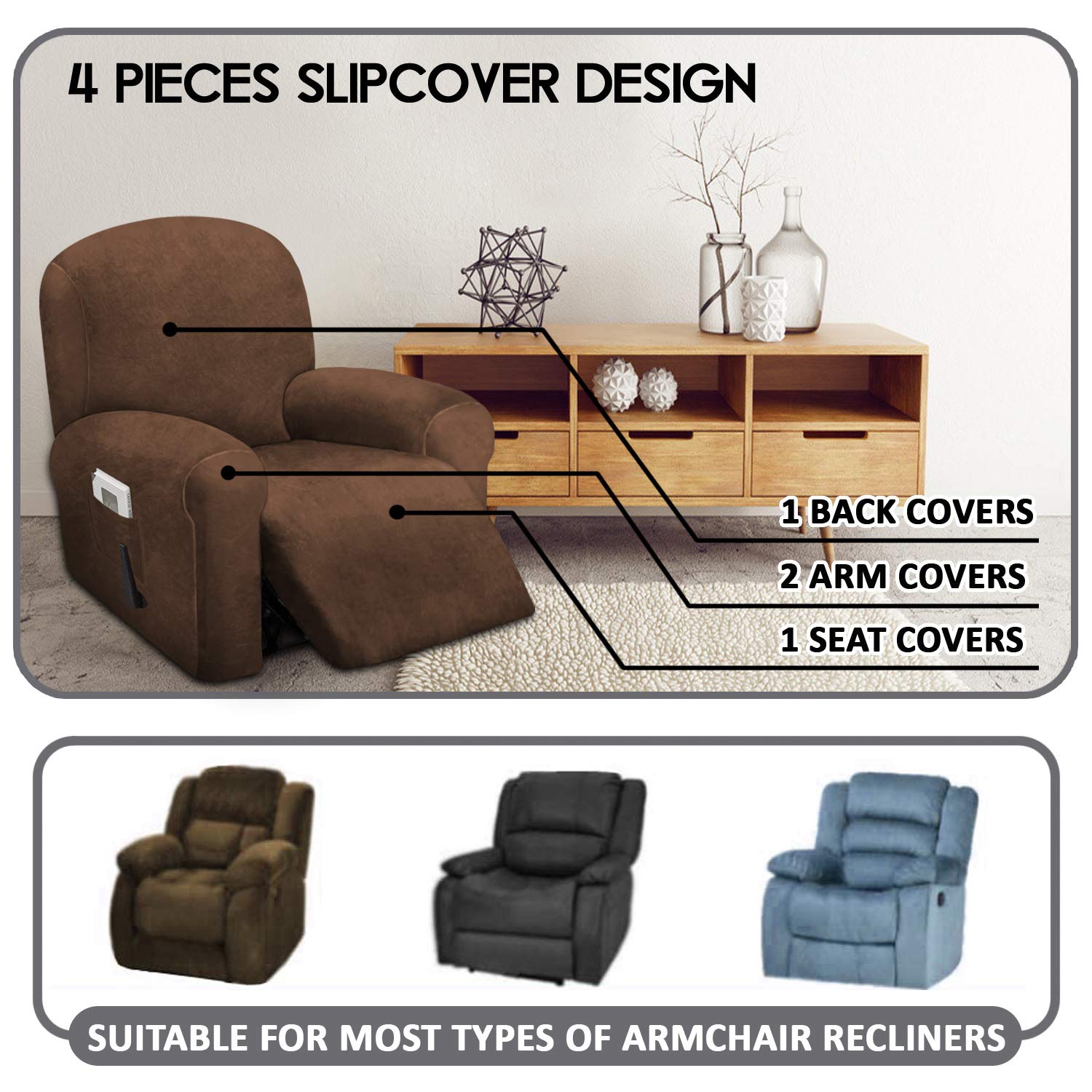 Ulticor 4-Piece, 1 Seat Recliner Cover, Velvet Stretch Reclining Chair Covers For 1 Cushion Reclining Sofa, Single Seat Recliner Couch Cover, Thick, Very Soft, Machine Washable (Chocolate)