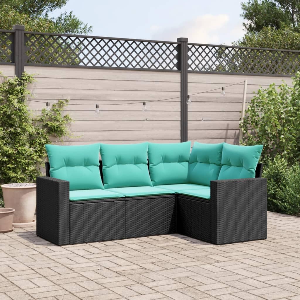 vidaXL Patio Sofa Set with Cushions - 4 Piece Outdoor Furniture Black Poly Rattan for Backyard, Terrace, Patio - Storage Function, Water-Resistant Bag, Removable Covers