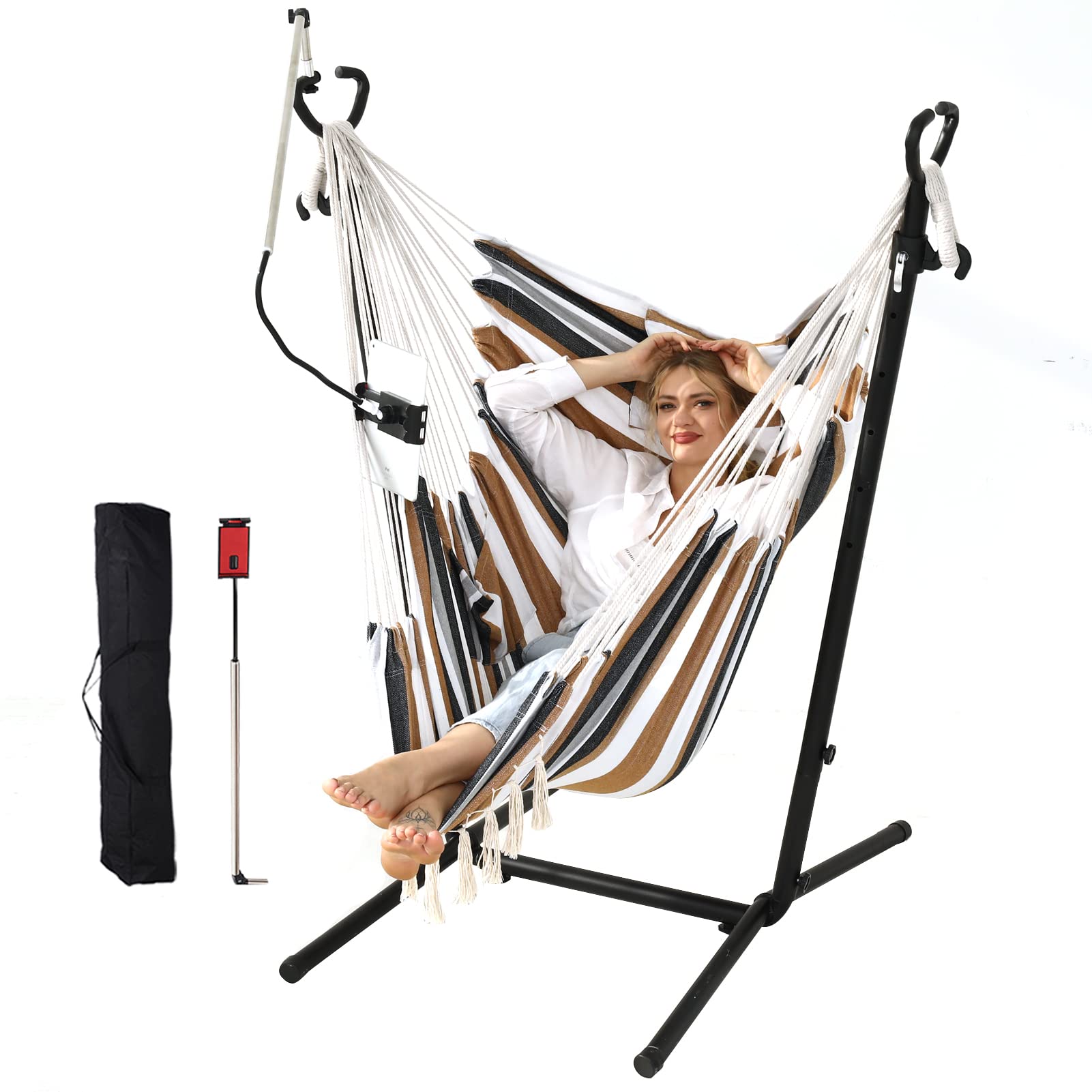 Hammock chair with stand double hammock chair bohemian style with tassel mobile phone support manual adjustable swing indoor and