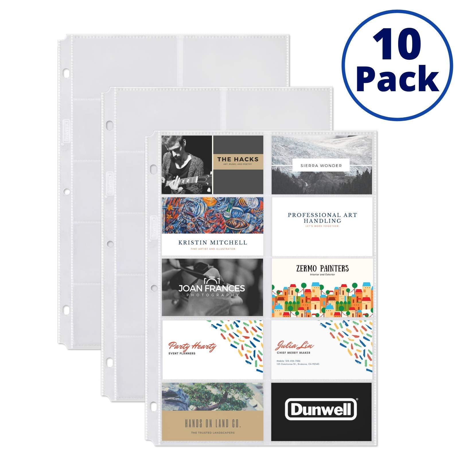 Dunwell Business Card Holder Sleeves - (10 Pack), For 200 Cards, Heavyweight Plastic Business Card Protector Sheet, Each 3-Hole