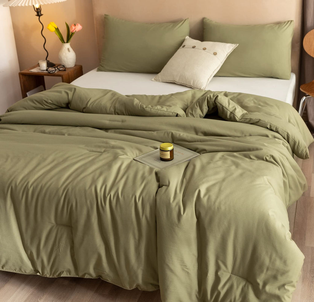 Rosgonia Comforter Full Size For Girls Boys Teens Olive Green, 3Pcs (1 Olive Comforter & 2 Pillowcases), Lightweight Dorm Beddin