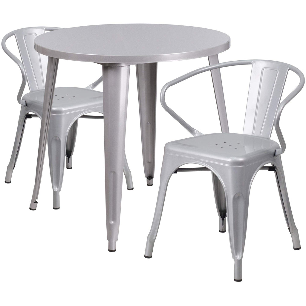 Flash Furniture Conrad Commercial Grade 30" Round Silver Metal Indoor-Outdoor Table Set with 2 Arm Chairs