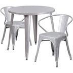 Flash Furniture Conrad Commercial Grade 30" Round Silver Metal Indoor-Outdoor Table Set with 2 Arm Chairs