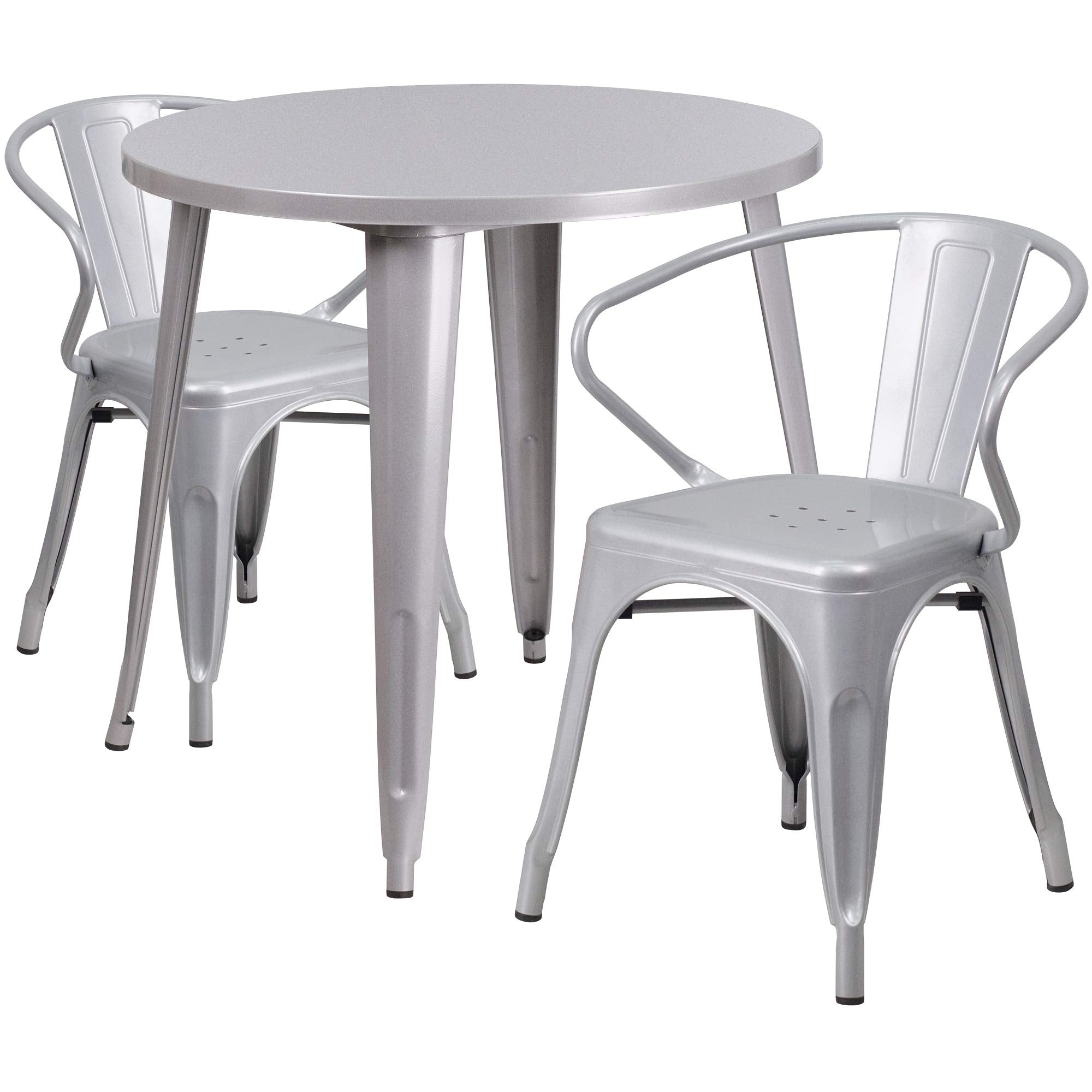 Flash Furniture Conrad Commercial Grade 30" Round Silver Metal Indoor-Outdoor Table Set with 2 Arm Chairs