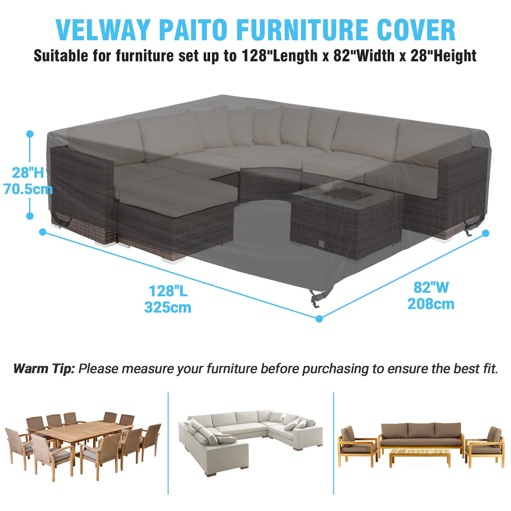 Velway Patio Furniture Cover Outdoor Waterproof Rectangular Patio Table Chair Sofa Set Cover, 128”Lx82”Wx28”H, All Weather Oxford Tear-Resistant Material With Zipper Carrying Bag Windproof Buckles