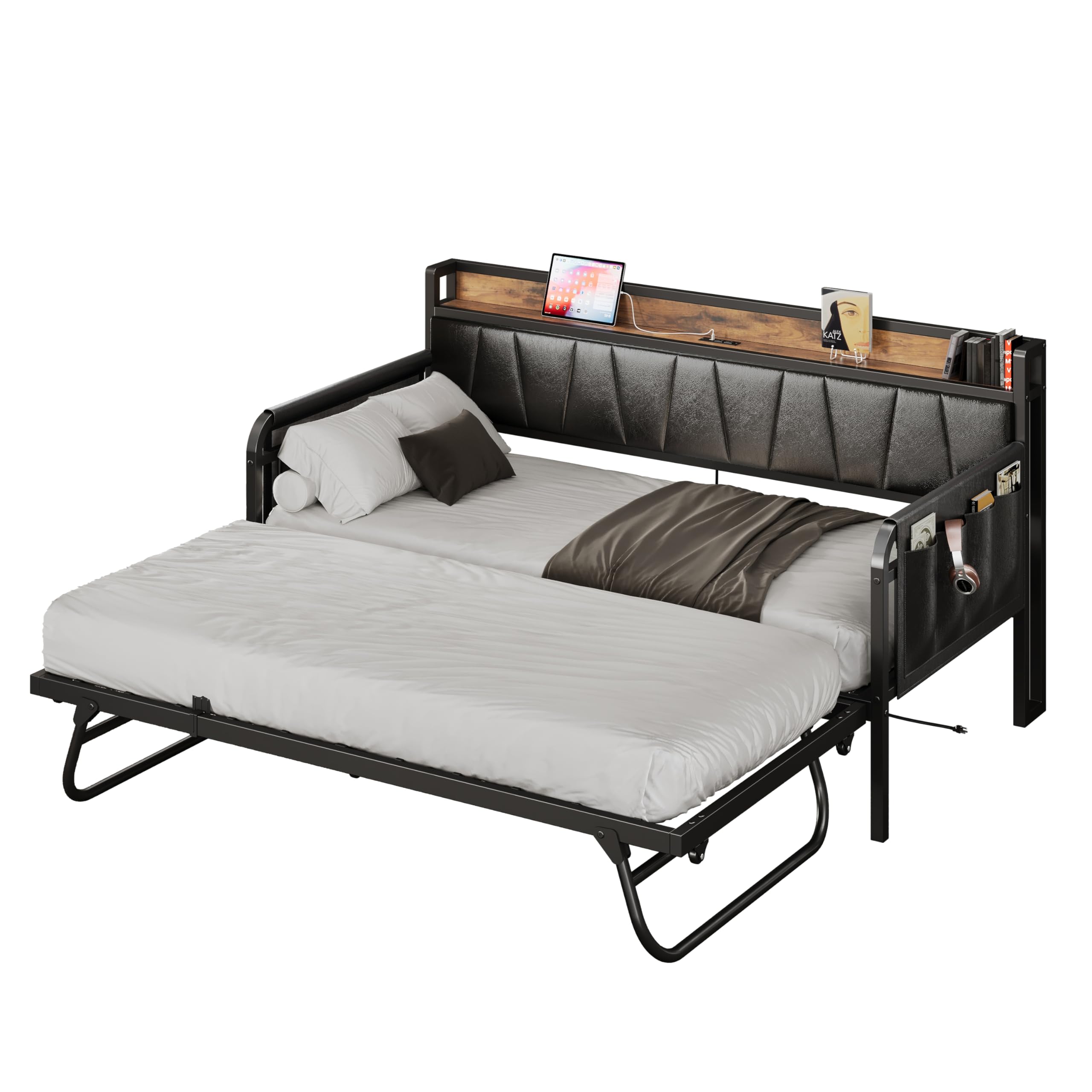 LIKIMIO Daybed with Trundle Bed, Twin Bed Frame with Storage Headboard and Charging Station, Sofa Day Bed with Strong Supports f
