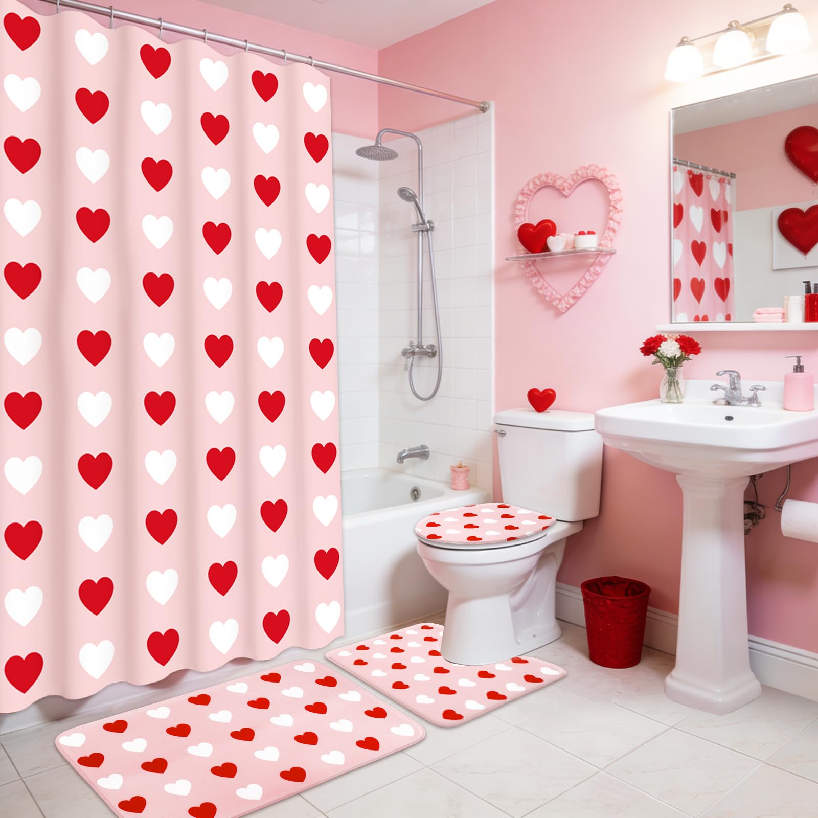 JarThenaAMCS 4Pcs Valentine s Day Bathroom Set Pink Red White Heart Non-Slip Bath Mat U-Shaped Toilet Rug Toilet Lid Cover Show