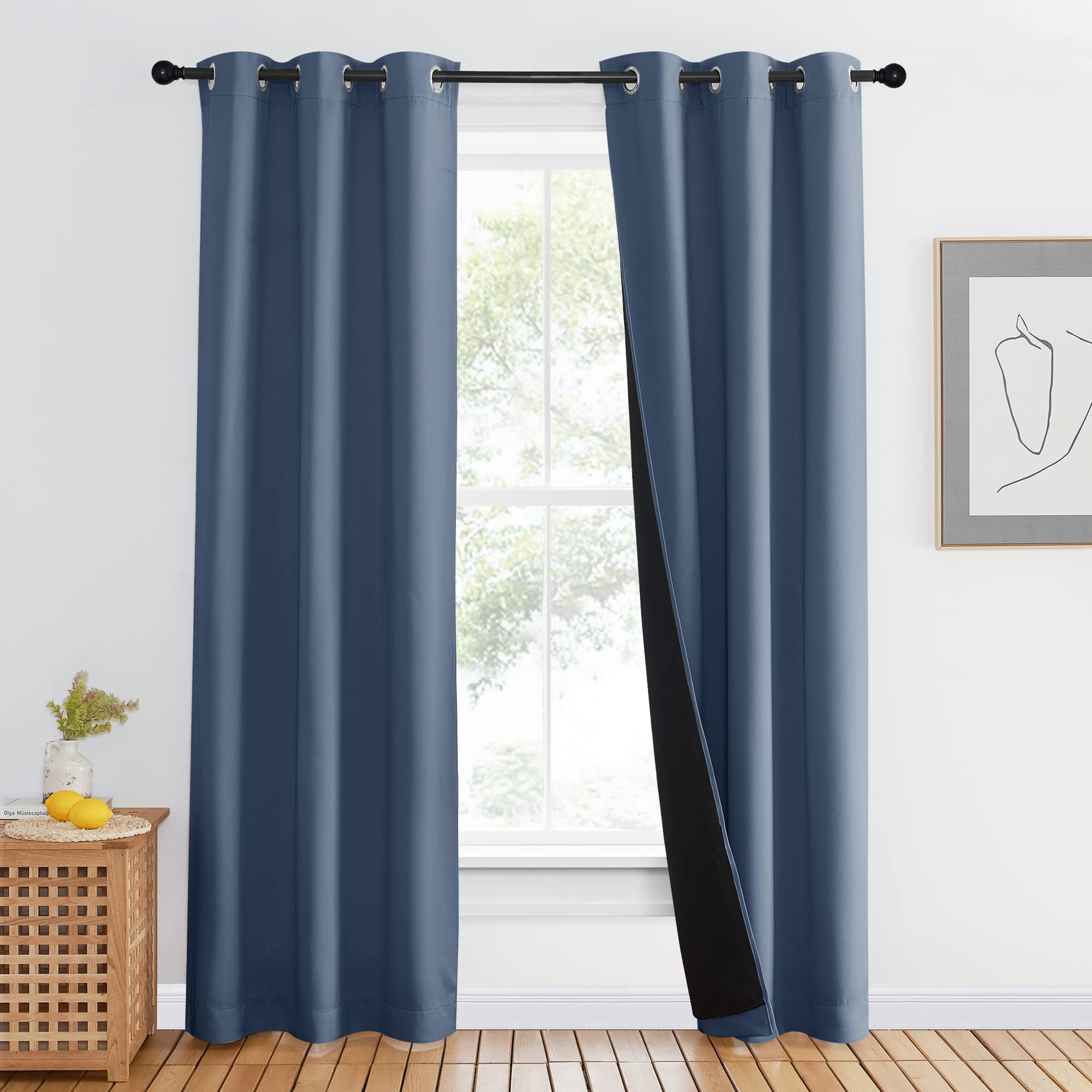 Nicetown Complete 100% Blackout Curtain Set, Stone Blue, 42W X 80L, 1 Pc, Thermal Insulated & Energy Efficiency Window Draperies