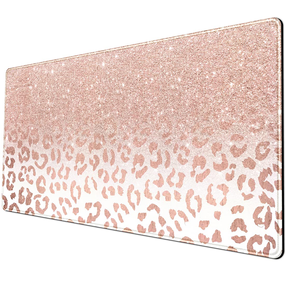 Desk Mat Xxl Mouse Pad, Pink Rose Gold Leopard Print Office Supplies And Accessories Decor For Women 31.5X15.75In,Stitched Edges