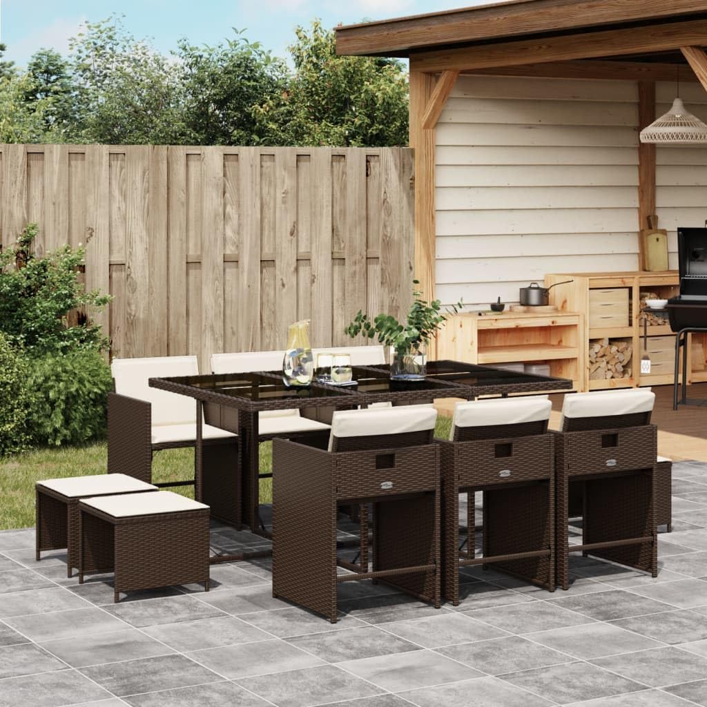 vidaXL - Patio Dining Set with Cushions 11 Piece Brown Poly Rattan - Outdoor Furniture for Garden, Patio, Backyard - Includes Chairs, Stools, Table with Tempered Glass Top