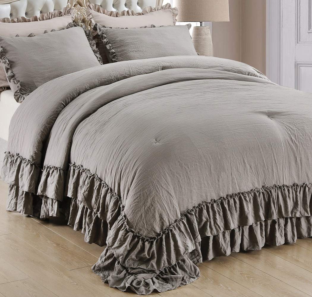 Qsh Shabby Grey Ruffled Chic Comforter Queen Size, Farmhouse Boho Bedding Comforter Sets, 3 Pieces All Season Microfiber Inner F