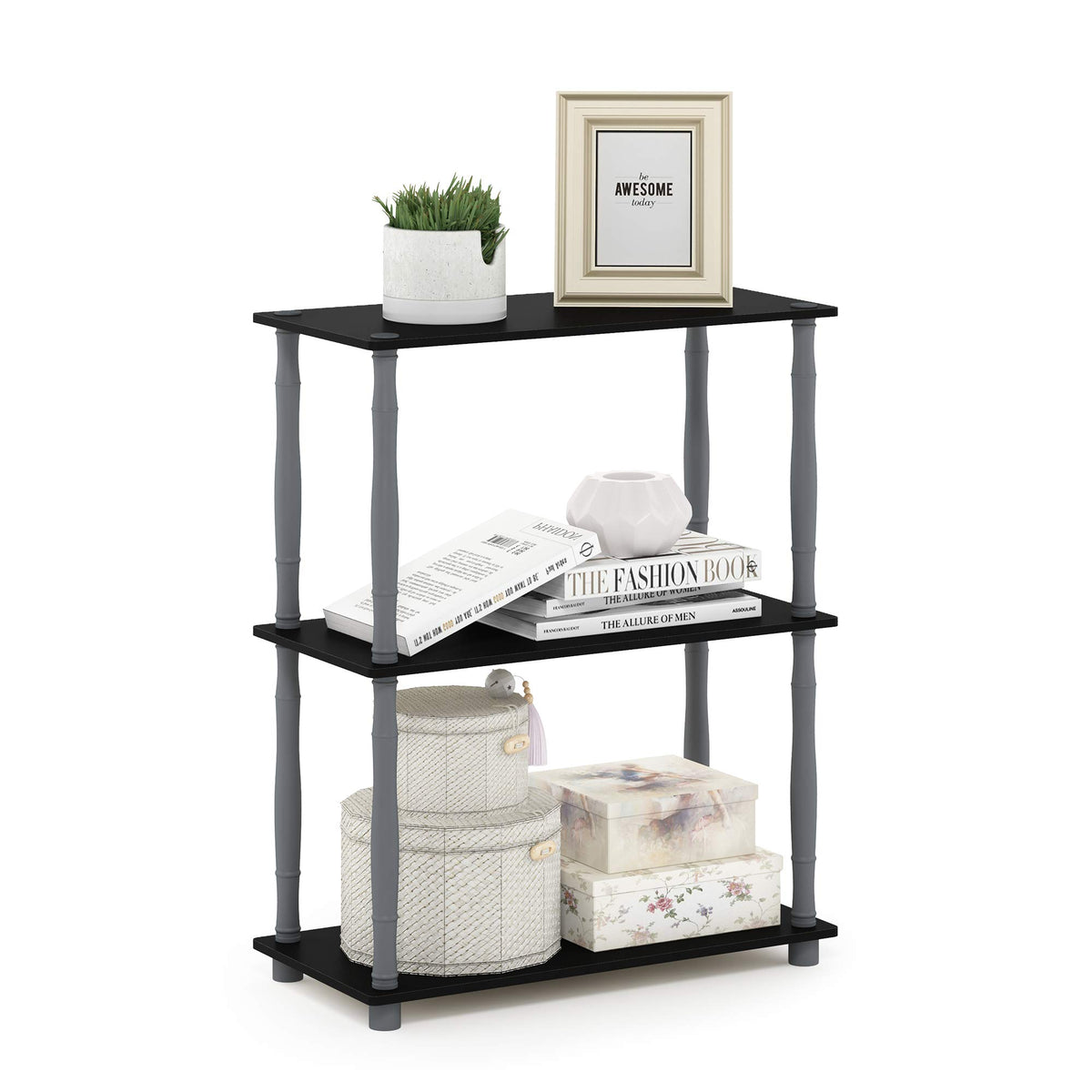 Furinno Turnntube 3Tier Compact Multipurpose Shelf Display Rack With Classic Tube, Black/Grey