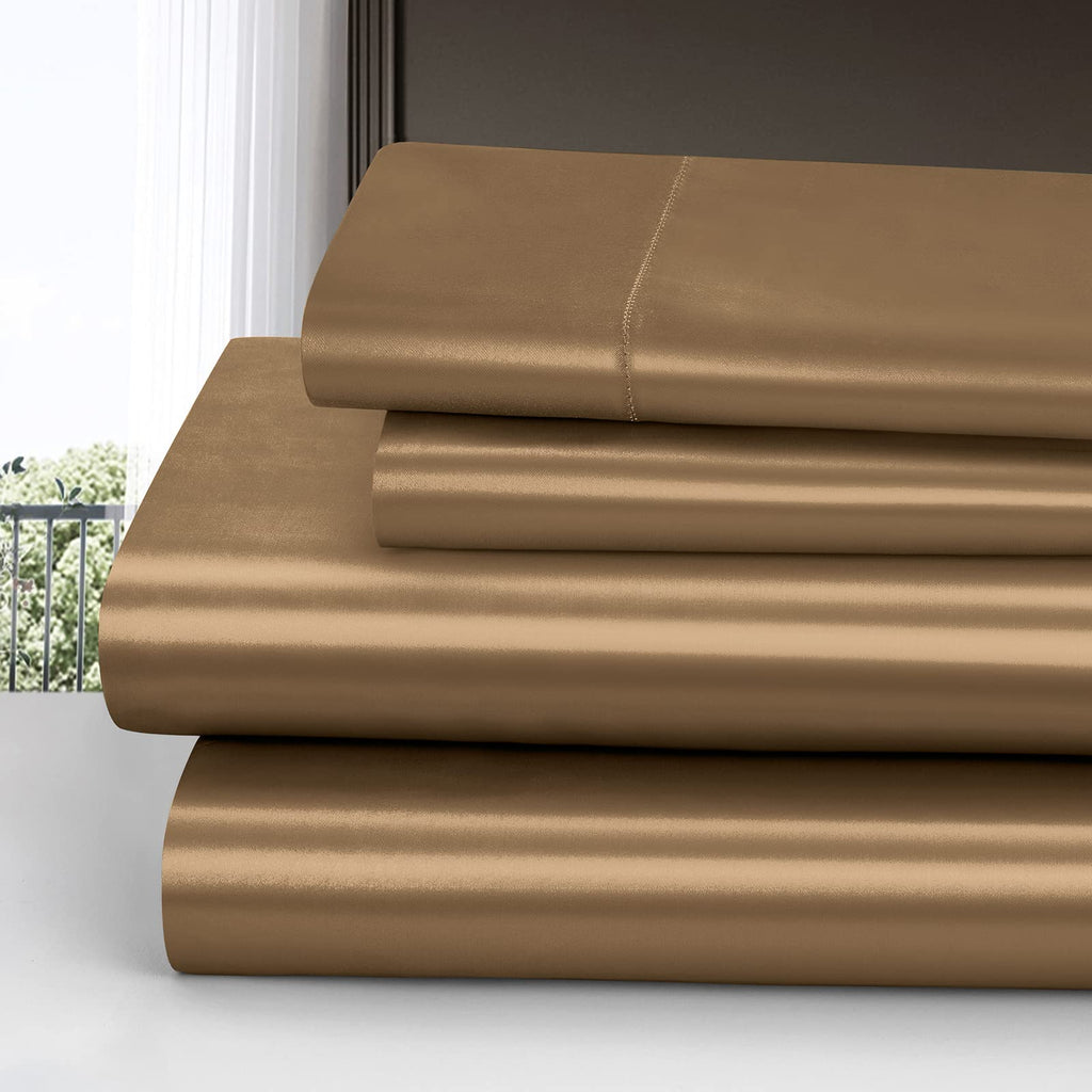 Homiest 4Pcs Satin Sheets Set Luxury Silky Satin Bedding Set With Deep Pocket, 1 Fitted Sheet + 1 Flat Sheet + 2 Pillowcases (King Size, Camel Brown)