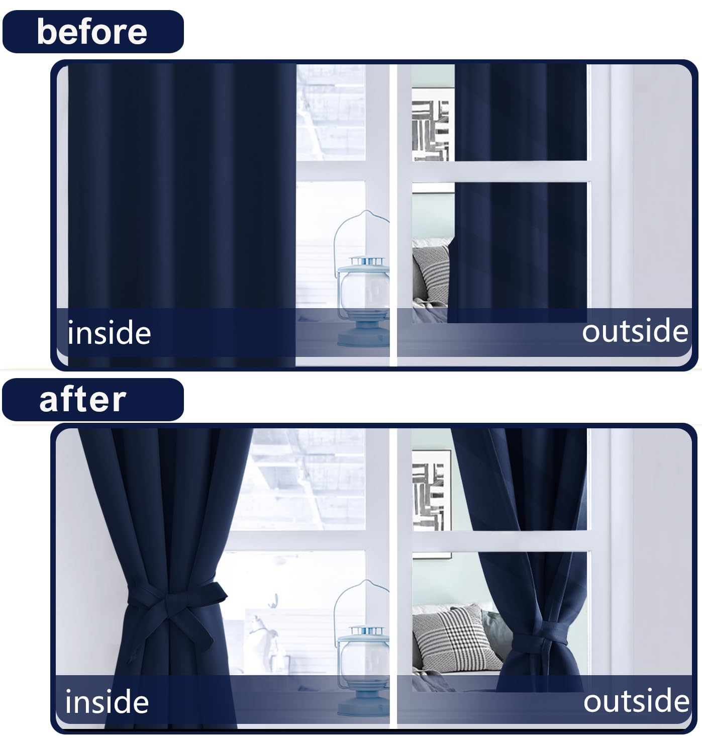 Hiasan Navy Blue Blackout Curtains 2 Panels For Bedroom, Back Tab & Rod Pocket Curtains 96 Inch Long Sewn With Tiebacks, Room Da